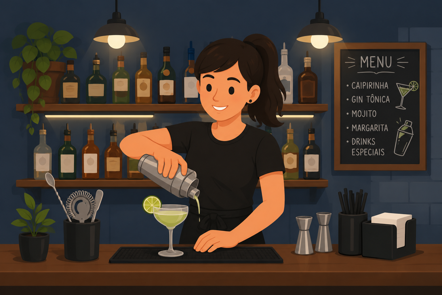 Atendente de bar preparando drink