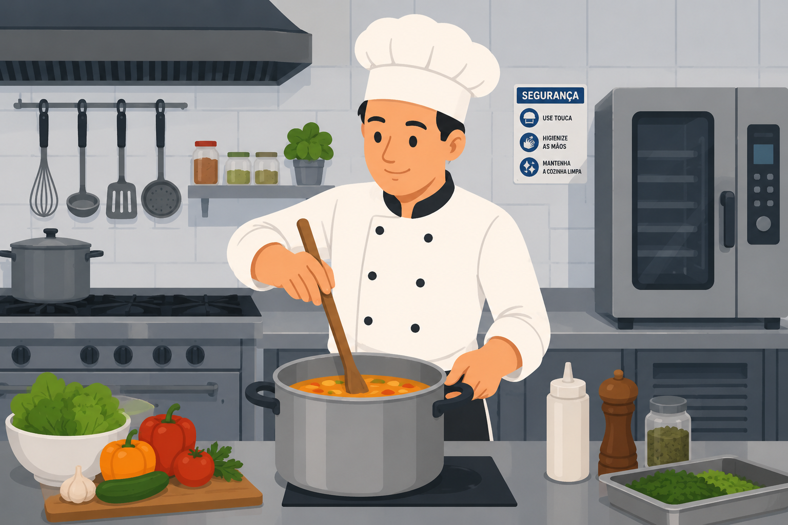 Cozinheiro industrial em cozinha profissional